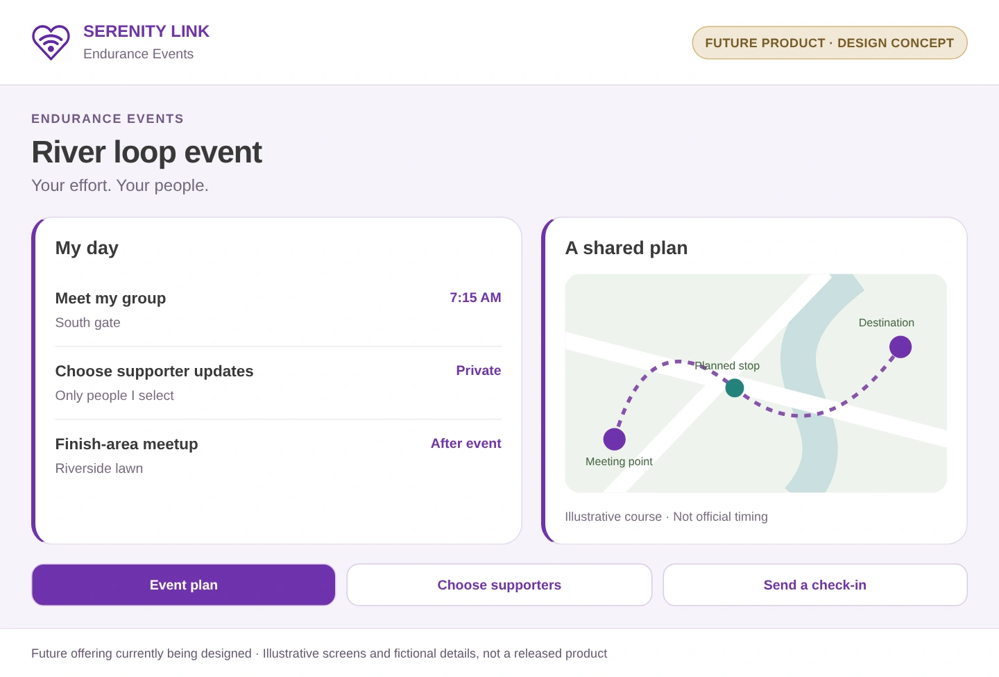 Illustrative interface study for Endurance Events. Future product currently being designed, not a released application. Fictional example details.