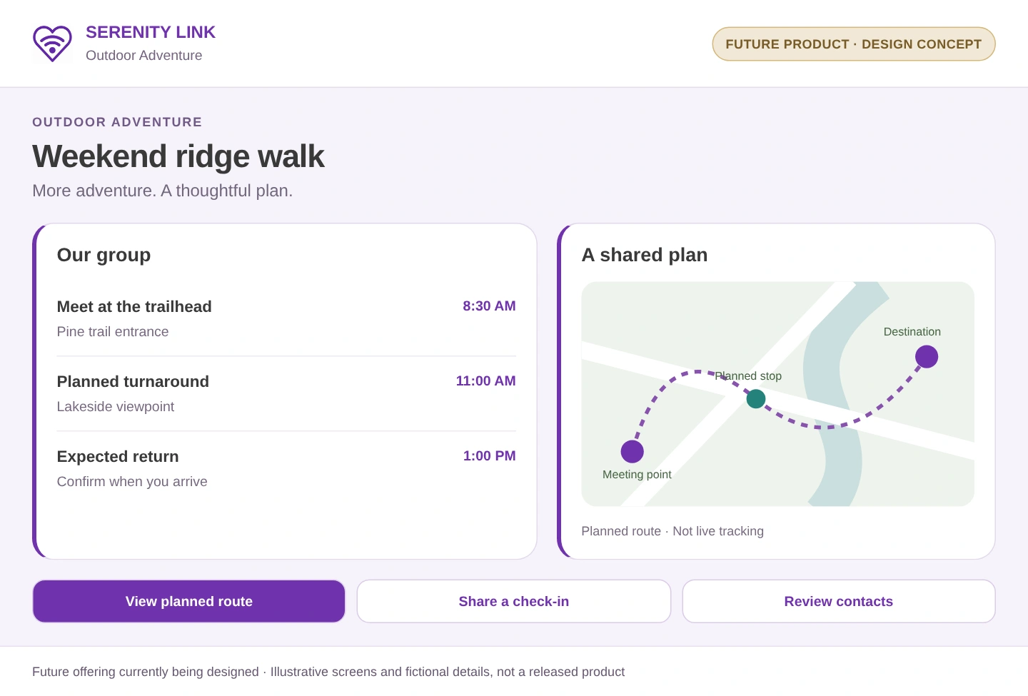 Illustrative interface study for Outdoor Adventure. Future product currently being designed, not a released application. Fictional example details.