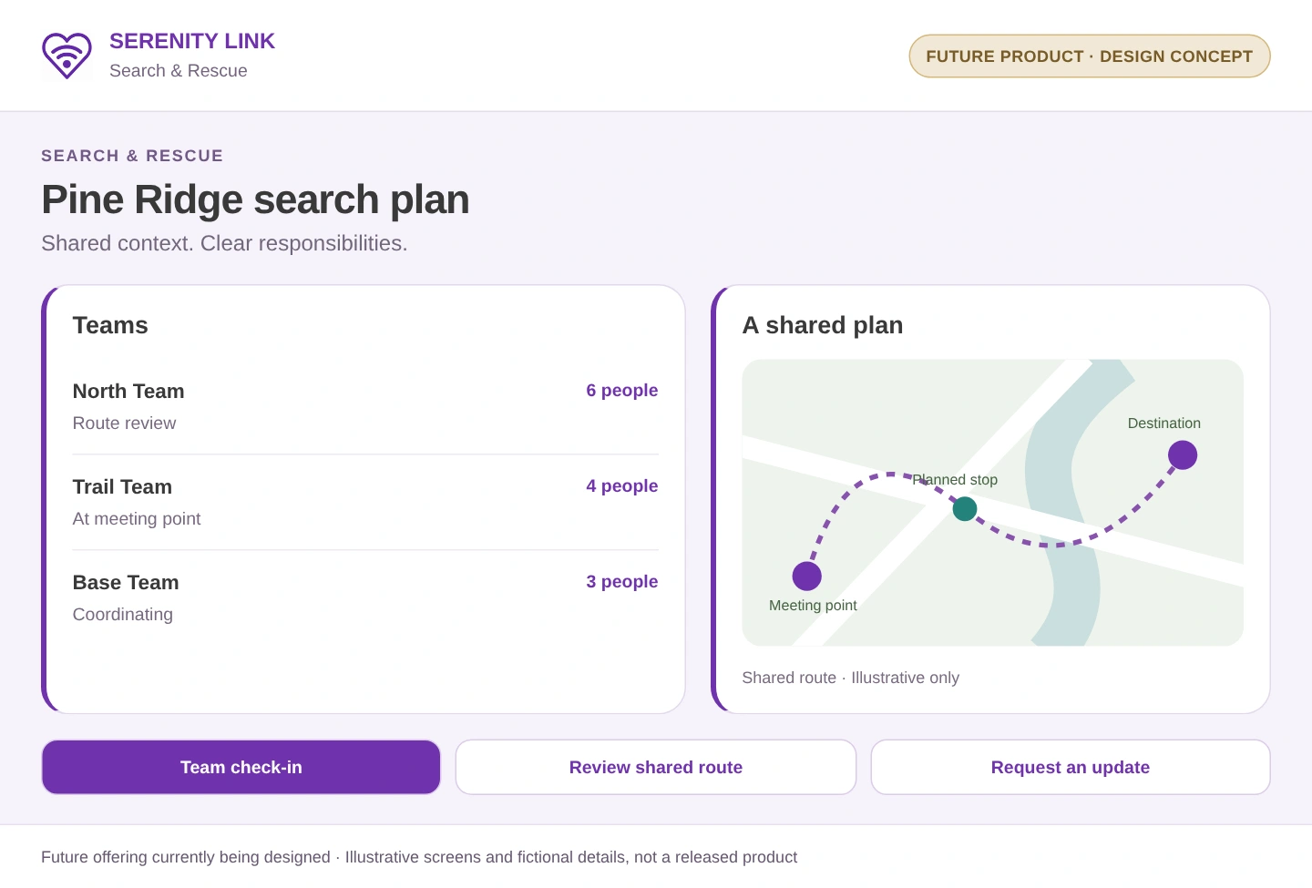 Illustrative interface study for Search & Rescue. Future product currently being designed, not a released application. Fictional example details.