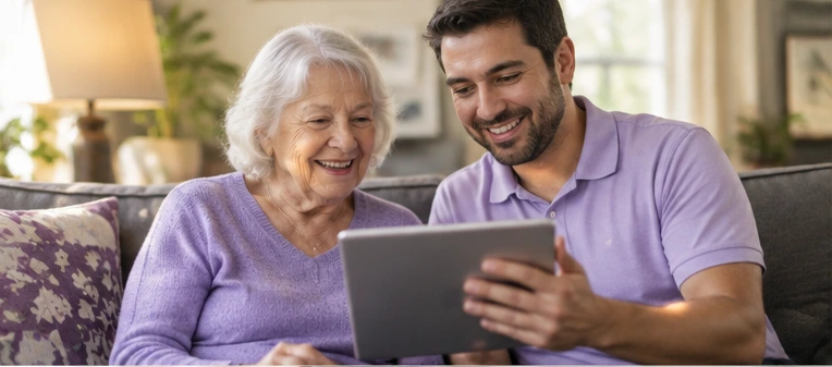 An older woman and a care professional reviewing a tablet together.