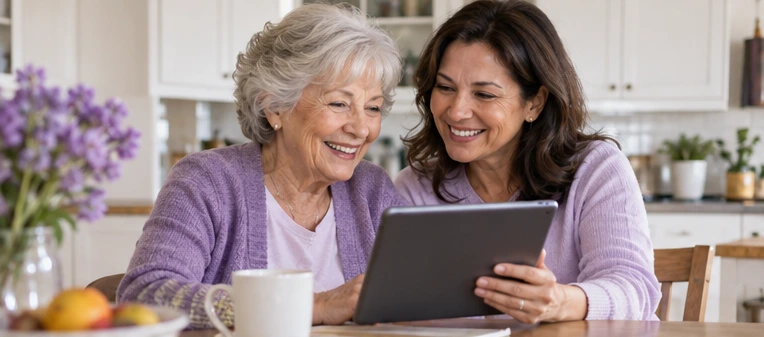 An older woman and an adult loved one sharing a moment over a tablet.