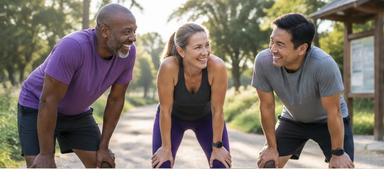 Three friends taking a break after a run in a park.