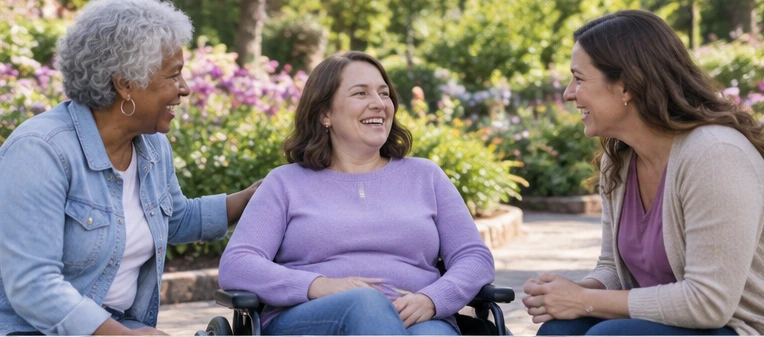 Friends enjoying a garden conversation, including a wheelchair user.
