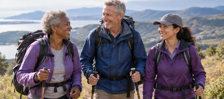 Friends with backpacks pausing together on a scenic trail.