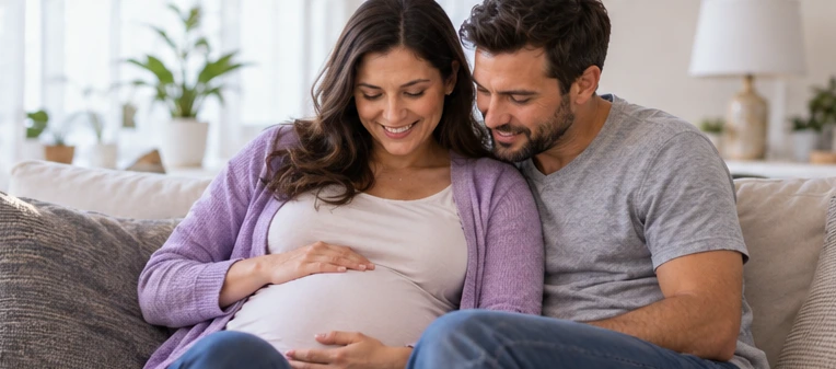 An expectant parent and partner enjoying time together at home.