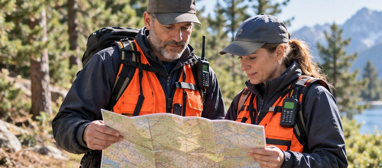 Two search volunteers review a paper map at an outdoor meeting point.