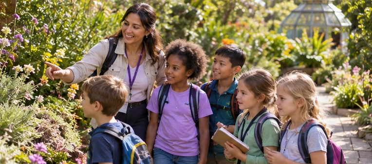 A teacher and children exploring a garden on a supervised outing.