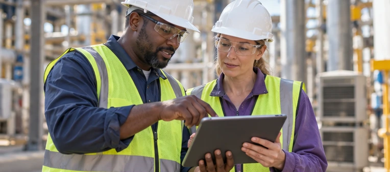 Two workers in safety gear review a tablet together.