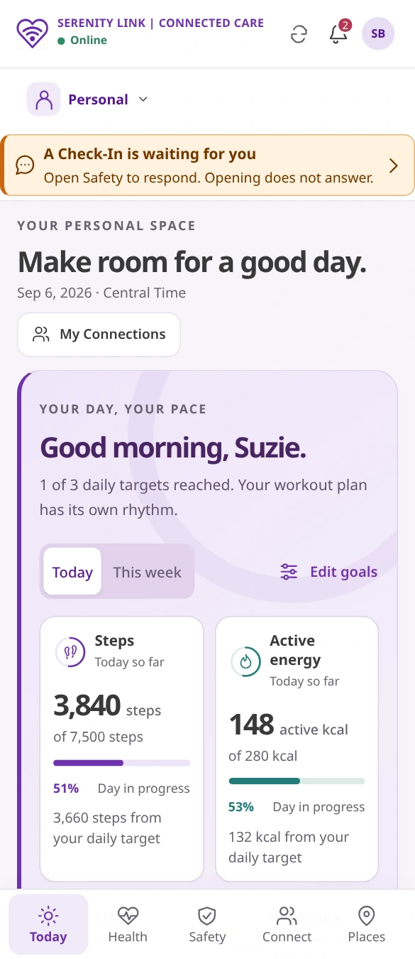 Today: Your day, your pace, with daily steps and active energy goals.