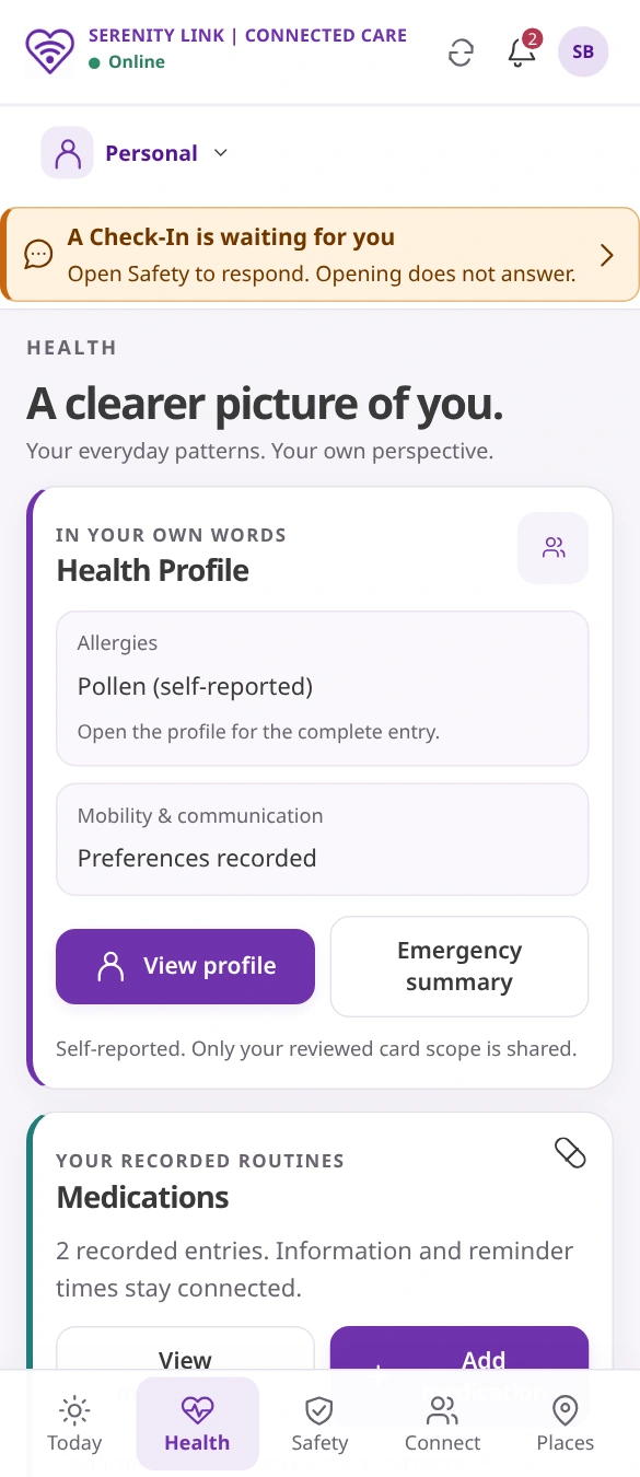 Sample Health Profile card with medication and allergy context.