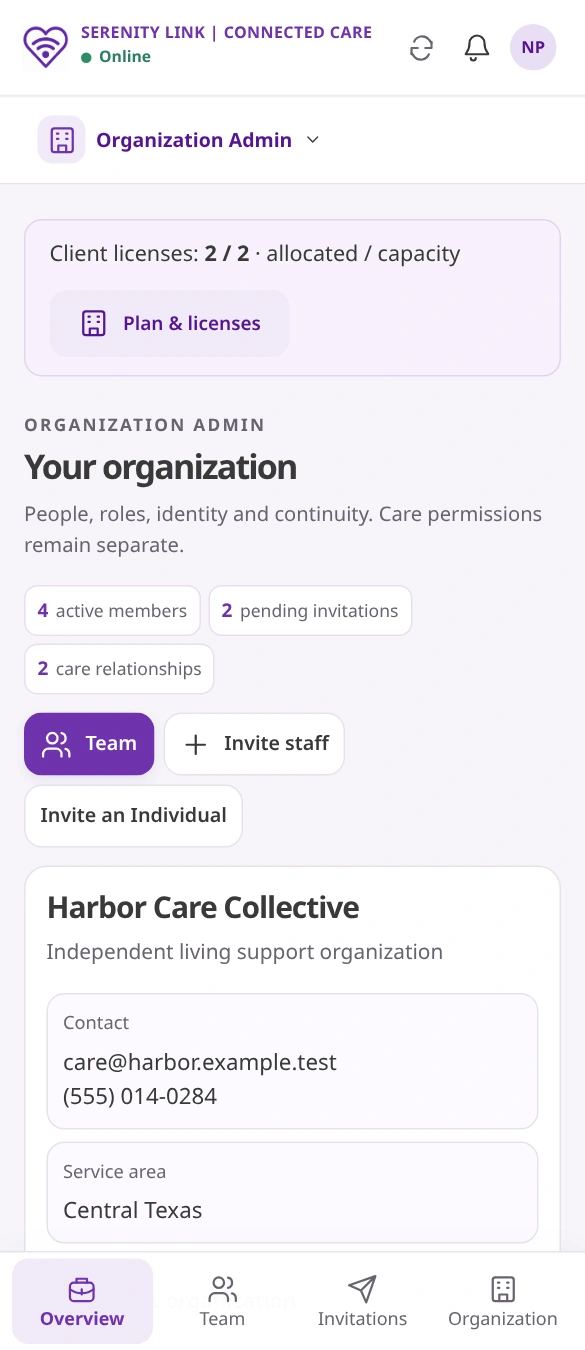 Sample client license capacity card for a Care Organization.