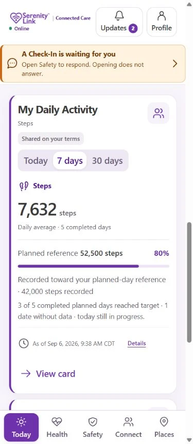 My Daily Activity in Simple View, with a clear steps summary and progress toward the planned reference.