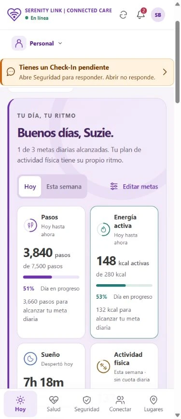Today in Spanish: Tu día, tu ritmo, with Pasos and Energía activa.