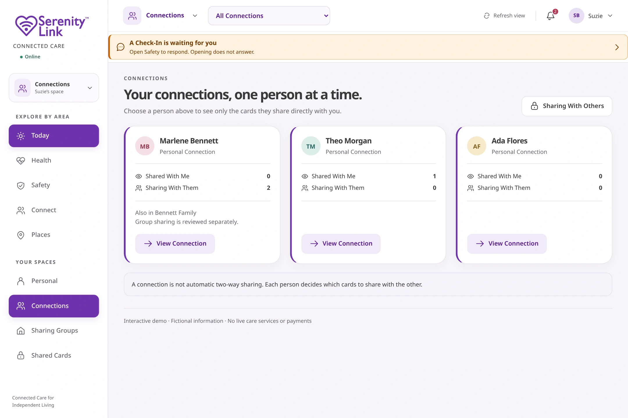 Actual product-source capture with fictional information. Individually chosen connections, including Marlene Bennett, and independent sharing directions.