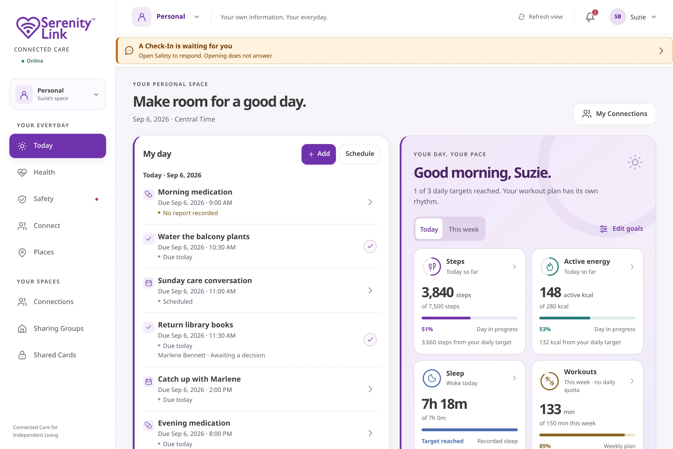 Actual product-source capture with fictional information. Suzie’s dated routines and goals. The full Check-In is in Safety, not Today.