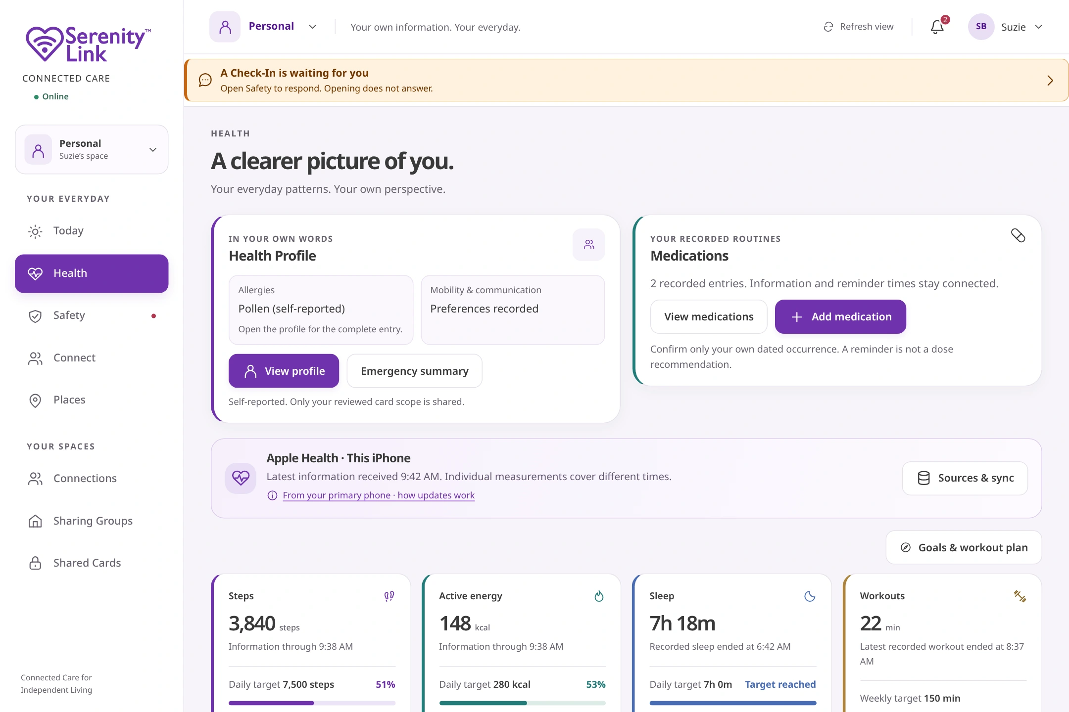 Actual product-source capture with fictional information. Health Profile, medication context, connected sources and personal goals.