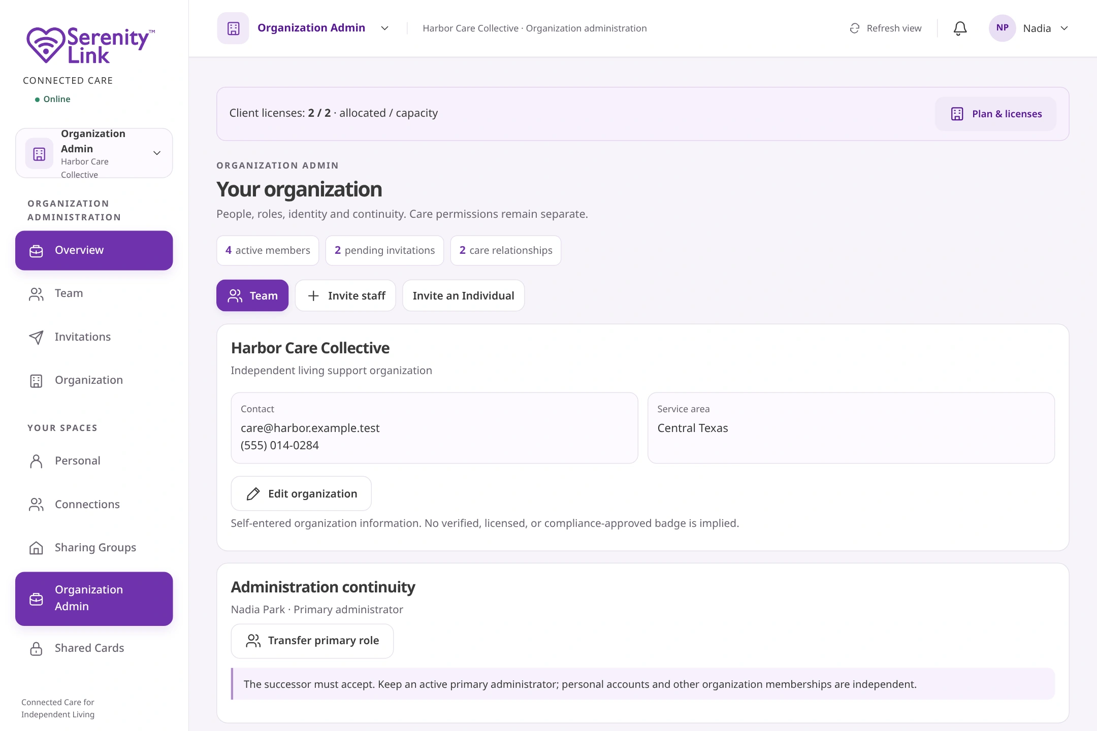 Actual product-source capture with fictional information. Nadia’s care organization, member and invitation administration.