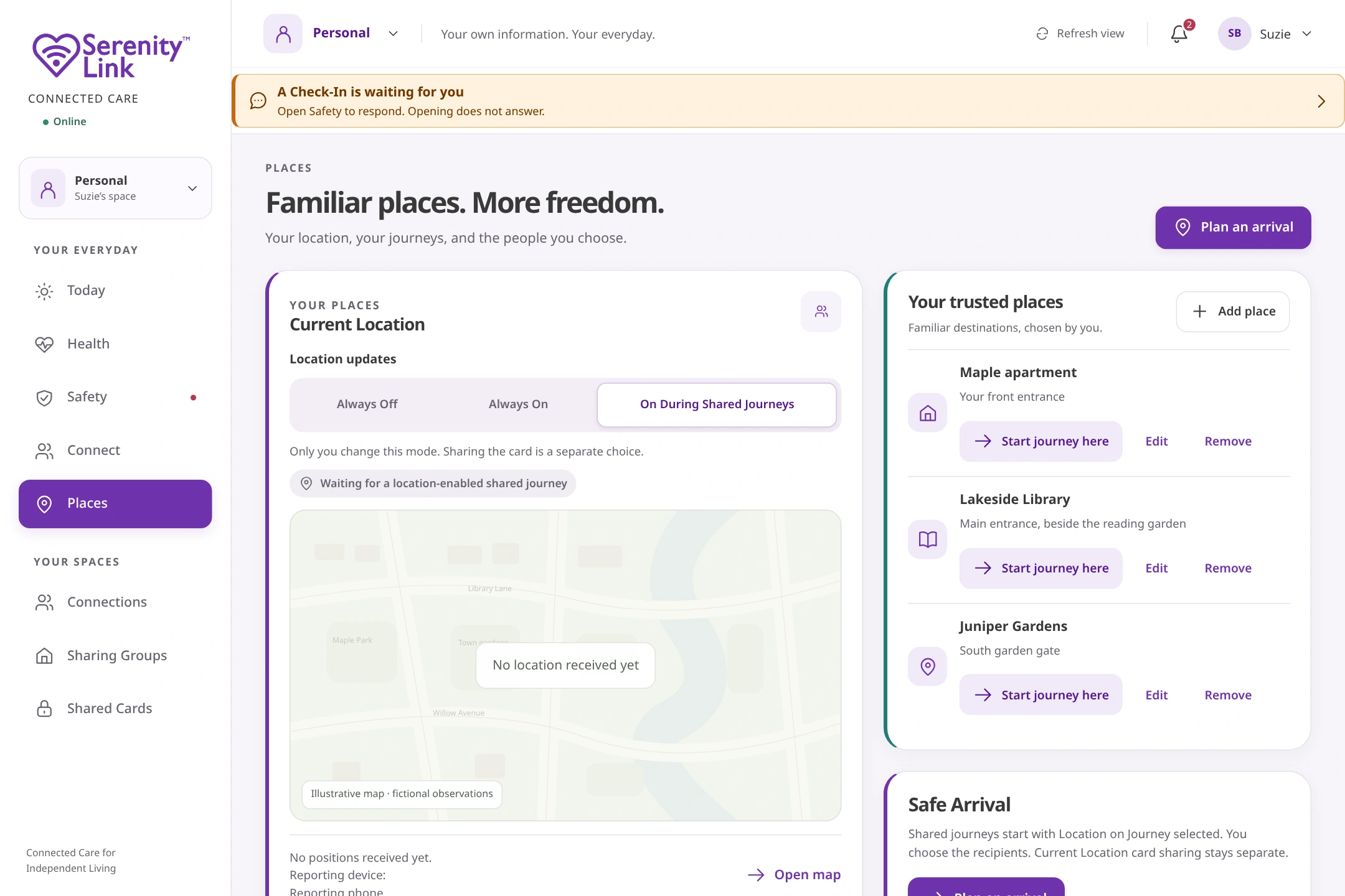 Actual product-source capture with fictional information. Trusted places, current-location choices and shared journeys.