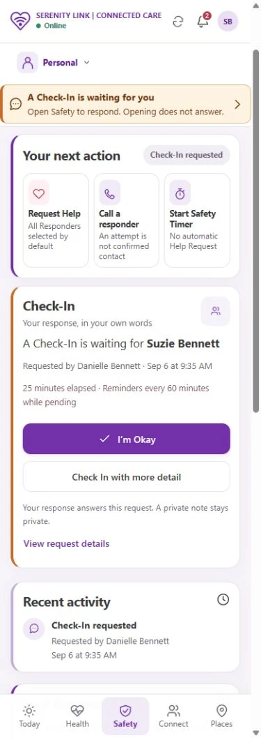 Safety: Your next action and Check-In cards, with check-in choices and a private note.