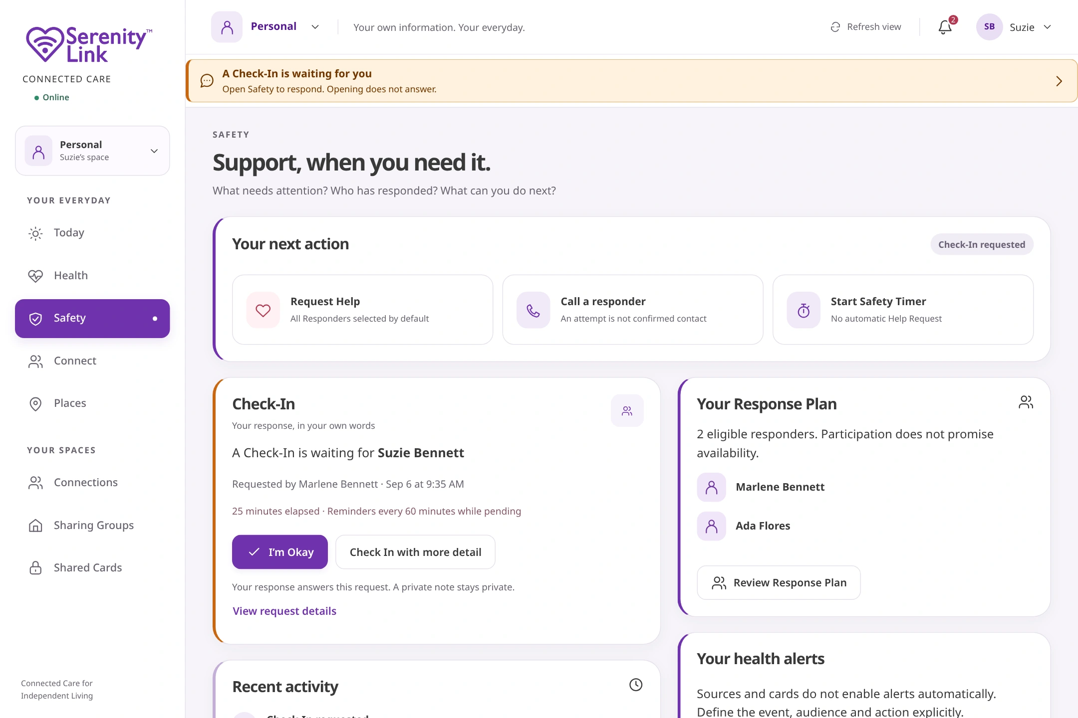 Actual product-source capture with fictional information. The current requested Check-In, Help, Safety Timer and response plan.