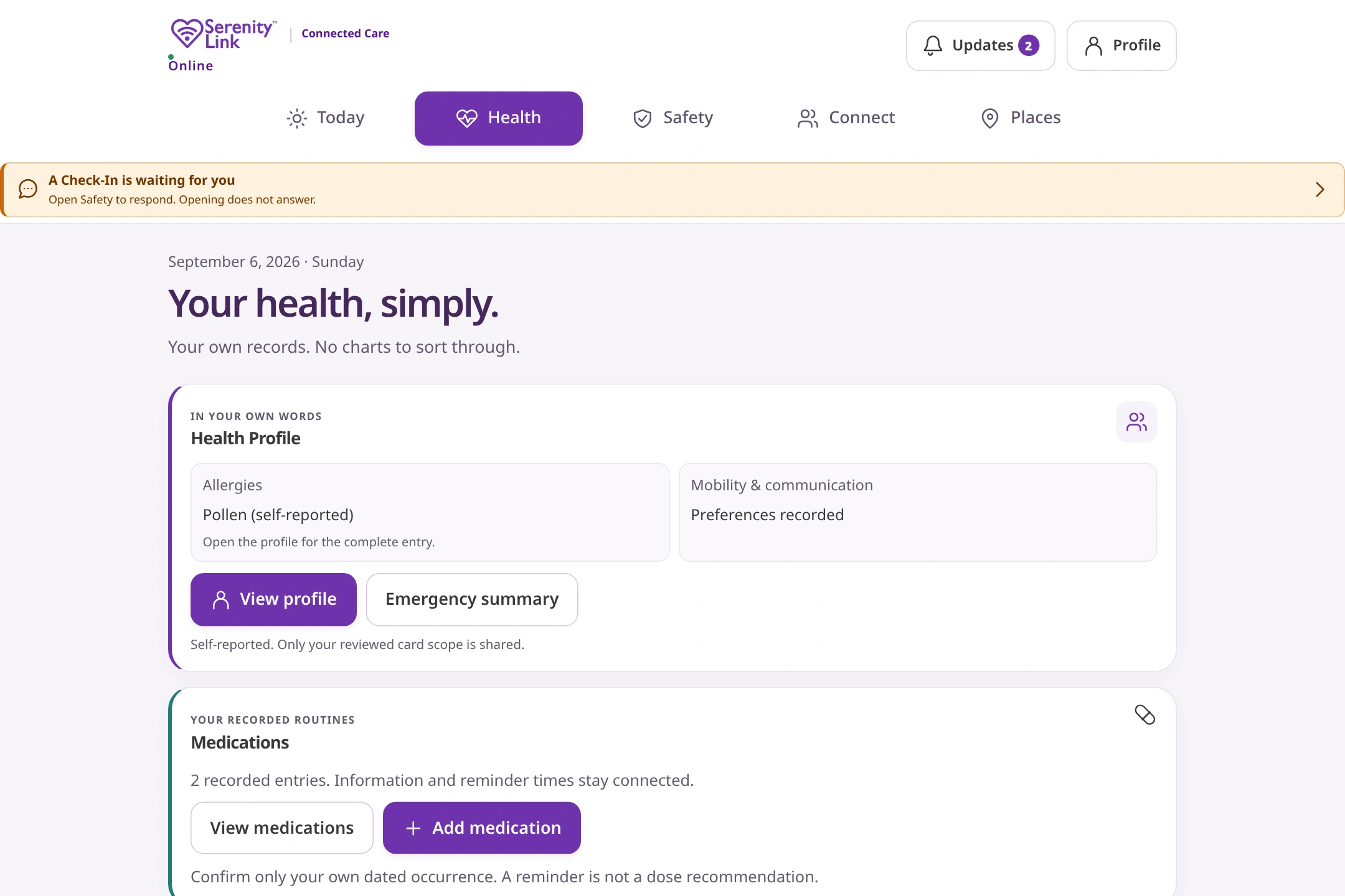 Actual product-source capture with fictional information. The same account’s simplified Health view.
