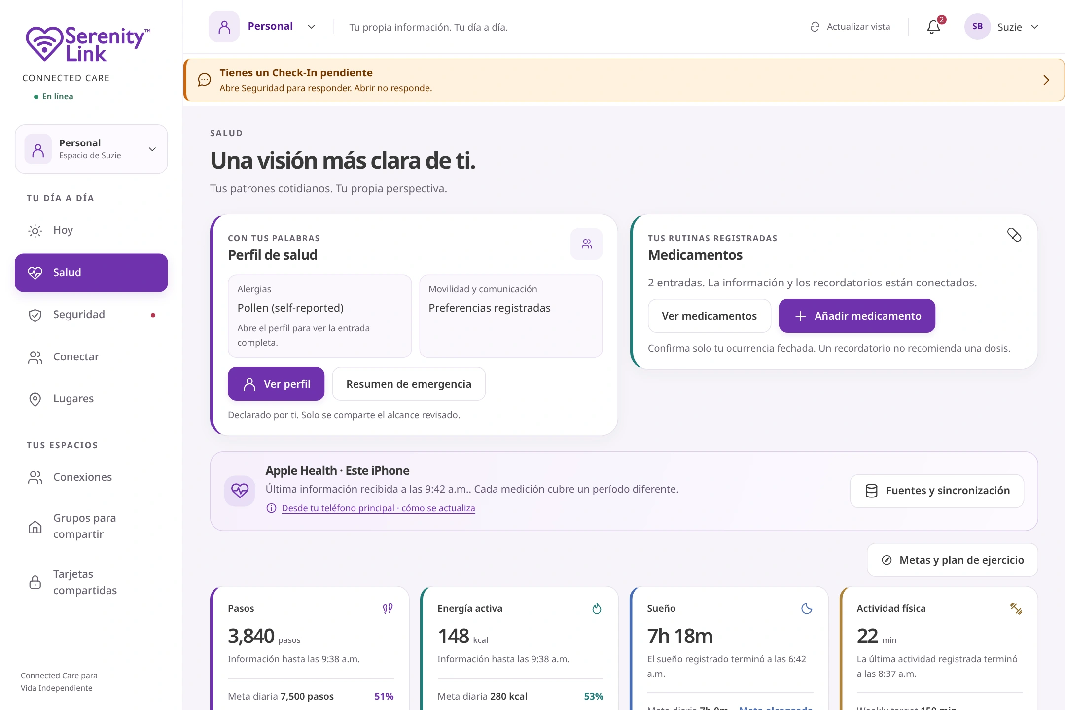 Actual product-source capture with fictional information. The same Health scenario with Spanish system text. Entered names remain unchanged.
